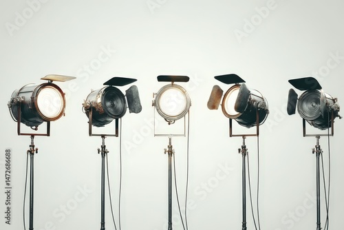 Vintage studio stage lights on tripods.
