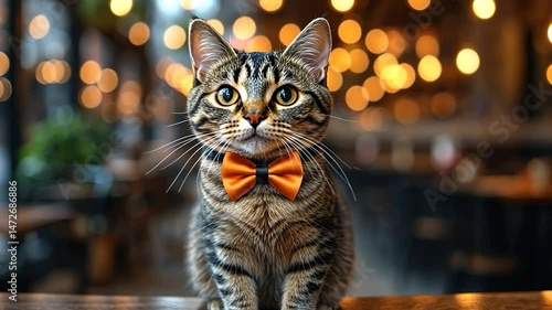 Dashing Cat in a Bow Tie at a Cozy Cafe