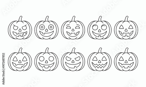 Ten Halloween Jack OLantern Pumpkins Line Art Designs