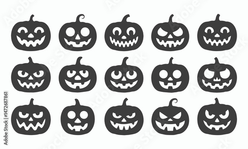 Fifteen Halloween Jack OLantern Pumpkin Faces Vector Icons