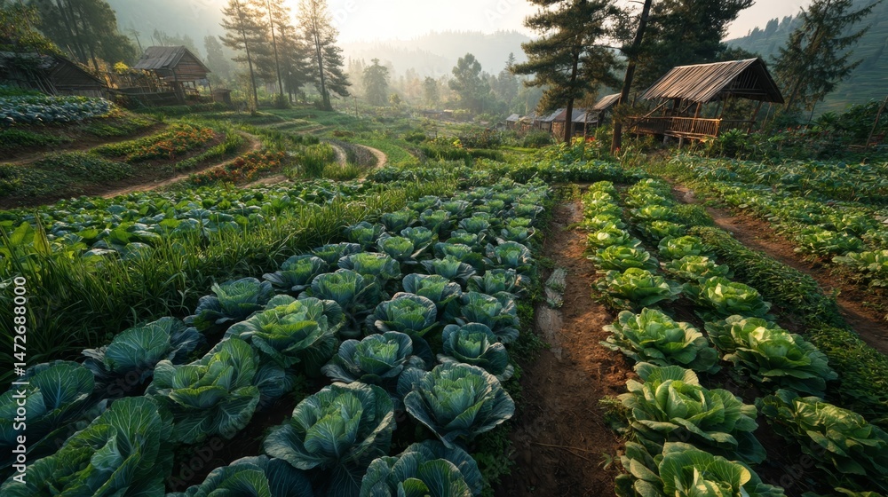 Fototapeta premium Organic vegetable farm with cabbage rows and wooden huts at sunrise in mountains.