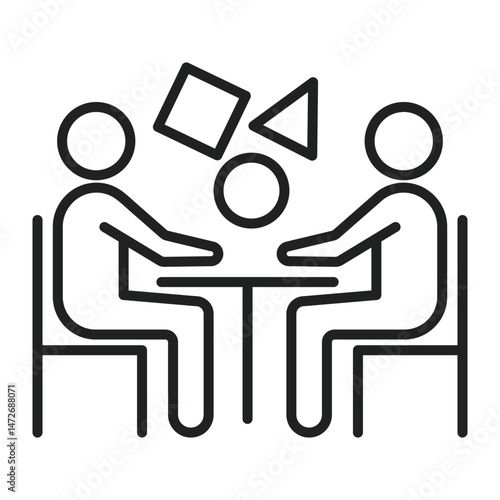 Two simple people sit at a table with shapes above it in a line drawing style. Editable line stroke