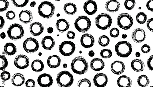 Black and White Seamless Pattern with Brush Stroke Rings � Abstract Hand-Painted Circles Background Design