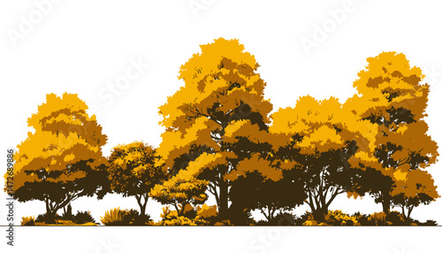 Watercolor Forest with Grass Elevation � Autumn Blooming Tree and Botanical Elements for Landscape and Garden Architecture Design