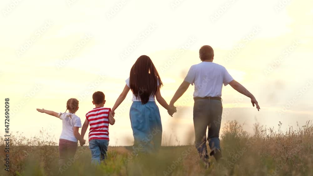 Family with little children plays plane and runs across meadow grass at sunset backside view. Children play with parents on family holiday at country. Family with children enjoys freedom at wilderness Family with little children plays plane and runs across meadow grass at sunset backside view. Children play with parents on family holiday at country. Family with children enjoys freedom at wilderness