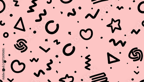Memphis Fun Geometric Seamless Pattern � Retro 80s and 90s Style with Stars, Triangles, Hearts, Zigzags, and Spirals in Cute Kid Doodle Design