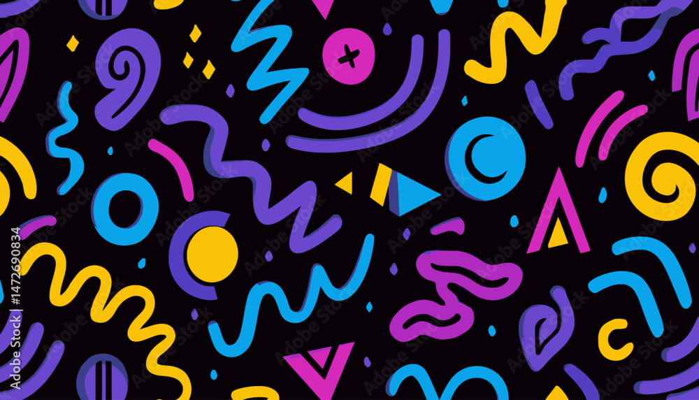 Fototapeta premium Memphis Geometric Seamless Pattern � Multicolor Retro 80s 90s Abstract Design with Shapes and Doodles