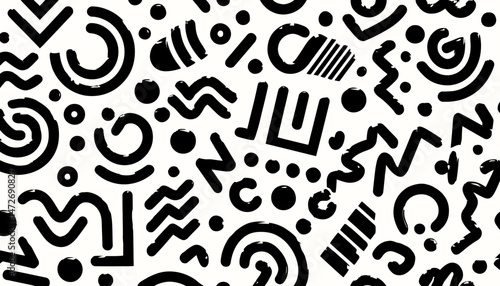 Memphis Geometric Seamless Pattern � Monochrome Retro 80s and 90s Style with Circles, Semicircles, Dots, Zigzags, and Spirals in Cute Kid Doodle Design