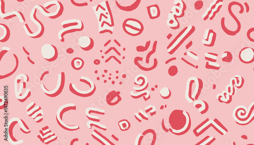 Memphis Geometric Seamless Pattern � Pink Pastel Retro 80s and 90s Style with Circles, Semicircles, Dots, Zigzags, and Spirals in Cute Kid Doodle Design