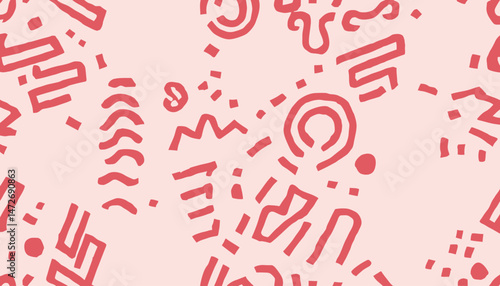 Memphis Geometric Seamless Pattern � Pink Pastel Retro 80s and 90s Style with Circles, Semicircles, Dots, Zigzags, and Spirals in Cute Kid Doodle Design