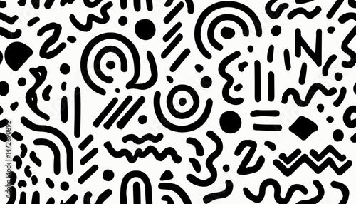 Memphis Geometric Seamless Pattern � Monochrome Retro 80s and 90s Style with Circles, Semicircles, Dots, Zigzags, and Spirals in Cute Kid Doodle Design