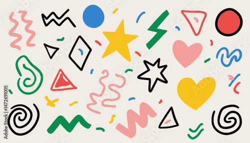 Modern Basic Shapes Set � Star, Arrow, Triangle, Circle, Heart, Zigzag, Spiral, and Wavy Lines in Trendy Memphis Geometric Pattern with Retro 80s and 90s Style