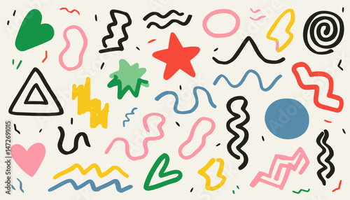 Modern Basic Shapes Set � Star, Arrow, Triangle, Circle, Heart, Zigzag, Spiral, and Wavy Lines in Trendy Memphis Geometric Pattern with Retro 80s and 90s Style