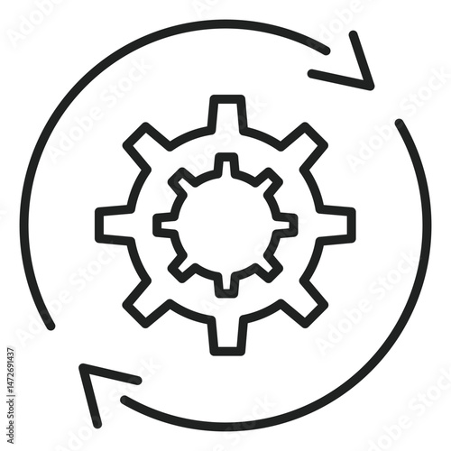 Two simple gears connect as arrows circle around them, it shows the process of things working or maybe a system working well. Editable line