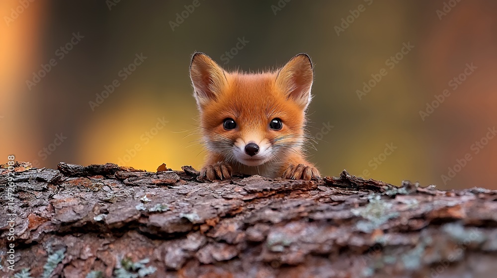 Obraz premium Fox Cub Peeking Over Log