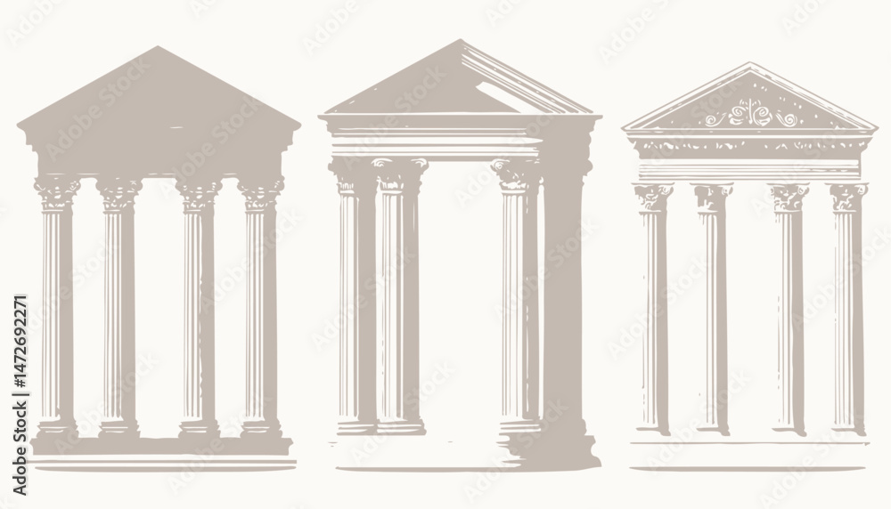 Obraz premium Greek and Roman Column Temple Set � Vector Ancient Architecture with Doric, Ionic, and Corinthian Pillars in 3D Stone Design