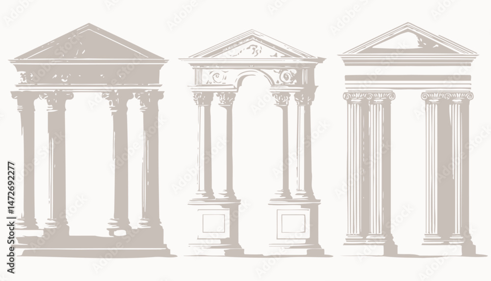 Obraz premium Greek and Roman Column Temple Set � Vector Ancient Architecture with Doric, Ionic, and Corinthian Pillars in 3D Stone Design