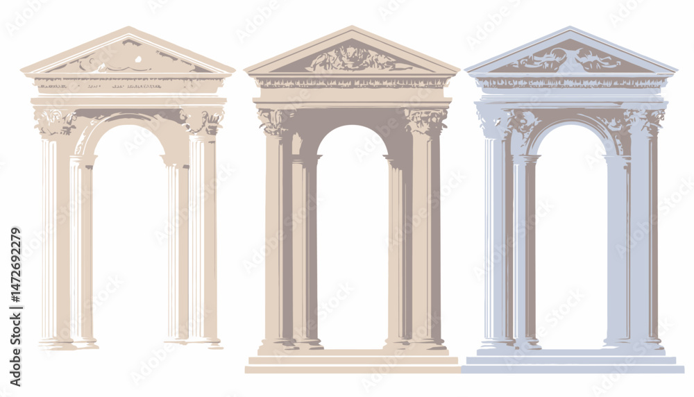 Naklejka premium Greek and Roman Column Temple Set � Vector Ancient Architecture with Doric, Ionic, and Corinthian Pillars in 3D Stone Design