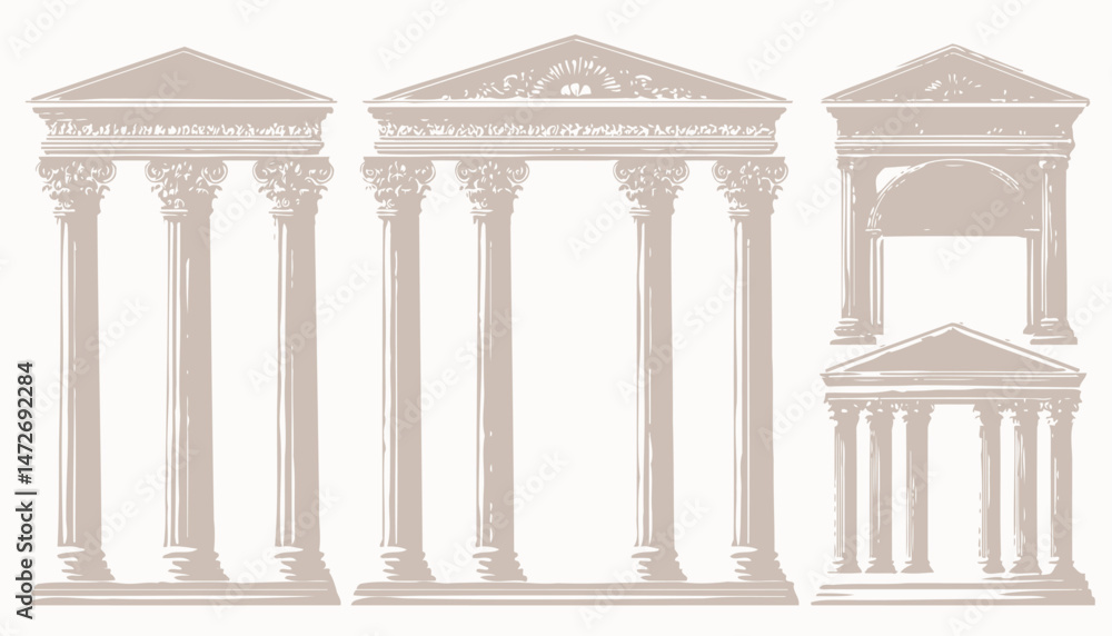 Fototapeta premium Greek and Roman Column Temple Set � Vector Ancient Architecture with Doric, Ionic, and Corinthian Pillars in 3D Stone Design
