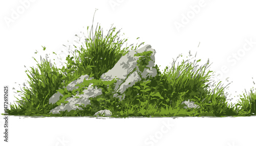 Watercolor Grass and Rock Vector � Botanical Landscape Elements for Garden, Architecture, and Green Area Section Design