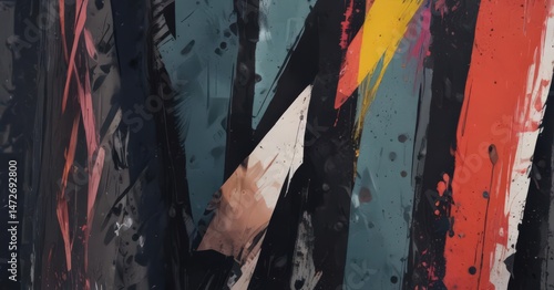 Geometric ink shapes, sharp lines, smeared paint, urban feel,  illustration,  background