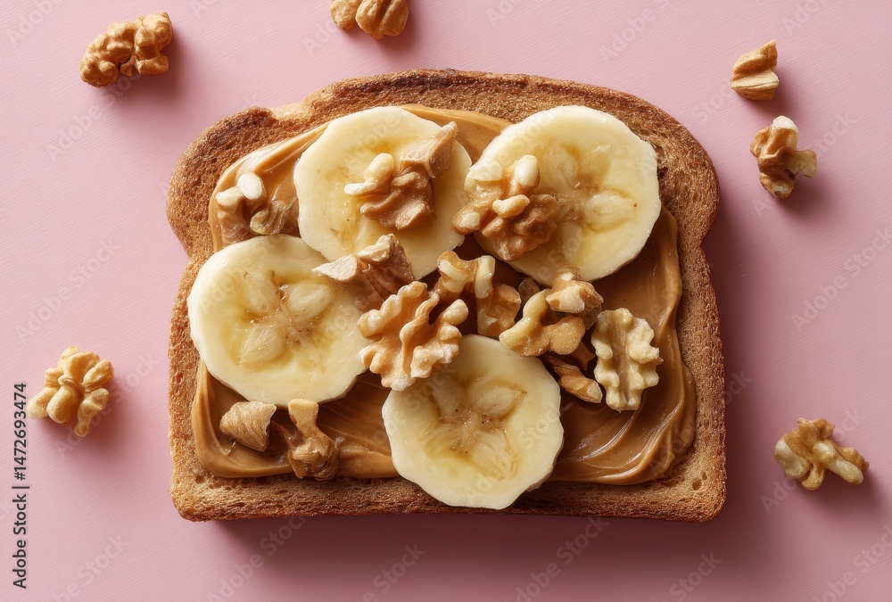 Fototapeta premium Delicious toast topped with creamy peanut butter, fresh banana slices, and crunchy walnut pieces on a soft pink background for a vibrant food presentation