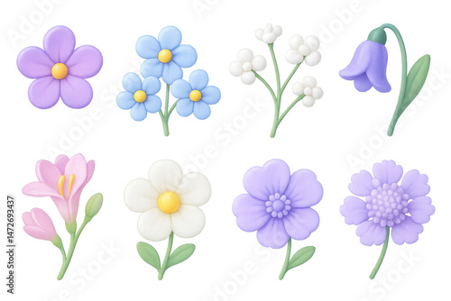 3d y2k floral icons set – blossoms, petals, garden, spring, nature, colorful. 3D icon set