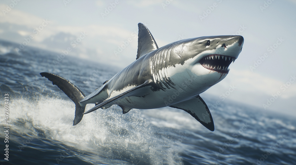 Fototapeta premium Great white shark jumping out of the ocean against blue sky 