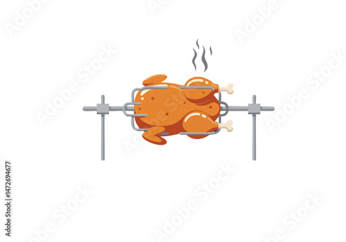 A beautifully roasted chicken on a rotisserie, emitting steam, presented against a dark background. Perfect for food-related marketing and advertising.