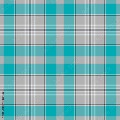 Intricate vector textile background, bandanna tartan plaid seamless. Styling check pattern fabric texture in cyan and light gray colors.