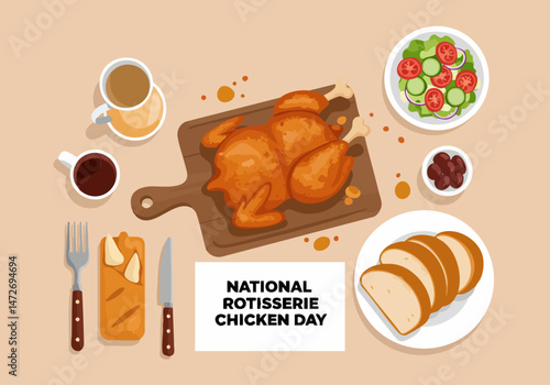 Celebrate National Rotisserie Chicken Day! A delicious roasted chicken with bread, salad, and beverages on a wooden board. Perfect for food photography and commercial use.