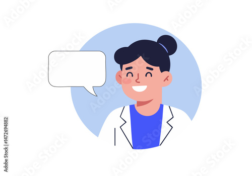 Cheerful dentist celebrates Dentist Day 2025! A smiling female dentist in a white coat with a speech bubble displaying 'Dentist Day 2025'. Modern, flat illustration style.