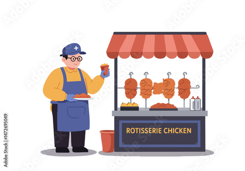 A friendly vendor proudly displays rotisserie chicken at his food stall. Vibrant colors and a clear composition make this image ideal for food marketing.