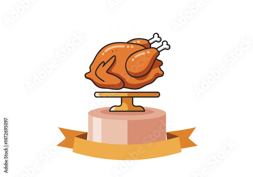 A stylized rotisserie chicken illustration on a pedestal, accented with a ribbon banner. Warm colors and a simple, modern design make this image ideal for food-related marketing.