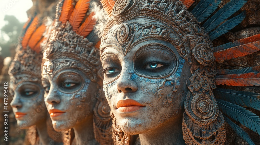 Ancient sculpted busts, adorned with intricate headwear and vibrant feathers Ancient sculpted busts, adorned with intricate headwear and vibrant feathers