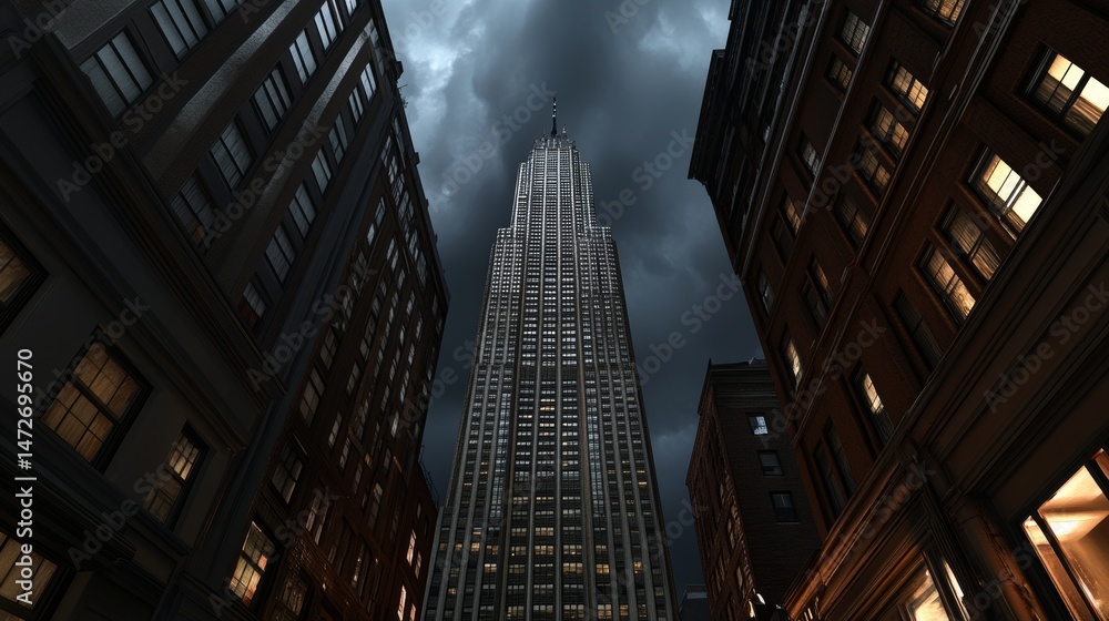 Naklejka premium Towering Skyscraper Under Dark Clouds, Illuminated by Golden Sunset Glow — Mysterious Urban Landscape, Atmospheric Photography