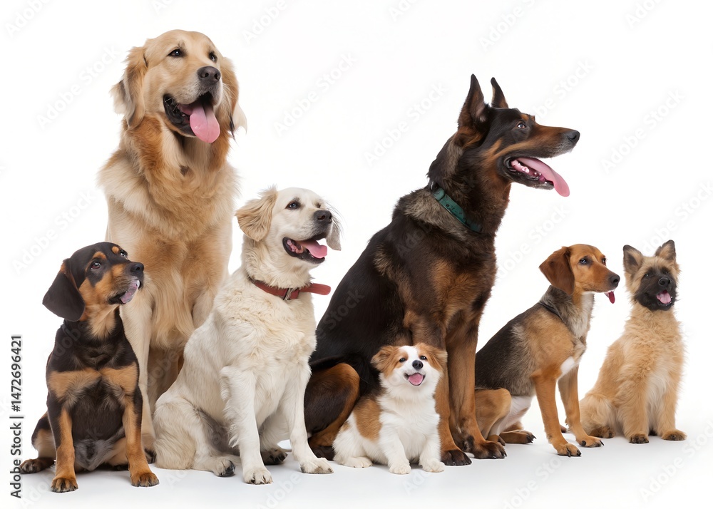 Diverse group of dogs of various breeds and sizes sitting together on white background, perfect for pet and animal stock content Diverse group of dogs of various breeds and sizes sitting together on white background, perfect for pet and animal stock content