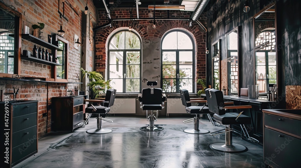 Fototapeta premium Modern Beauty Salon Interior with Stylish Chairs and Natural Light. Concept of Contemporary Design, Relaxing Atmosphere, Urban Chic, and Professional Haircare