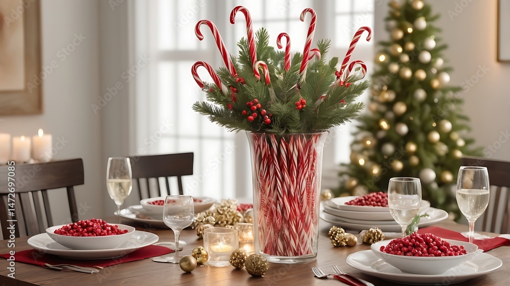 Naklejka premium Festive Holiday Dining Table with Christmas Candles, Peppermint Candy Canes, Pine Branches, and Red Accents in Cozy Decor.
