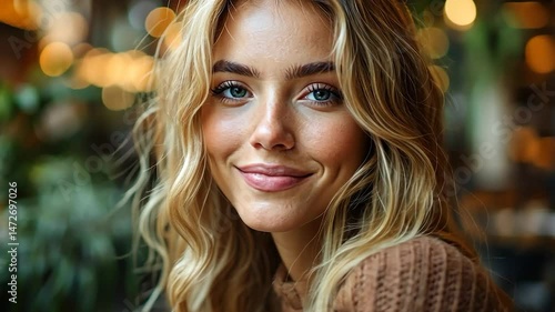 Portrait of a smiling blonde woman in a cozy cafe