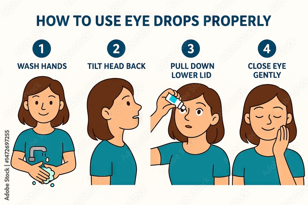Illustrated guide for proper eye drop application featuring caucasian woman demonstrating step-by-step instructions for eye care and hygiene concepts of health, cleanliness. White background