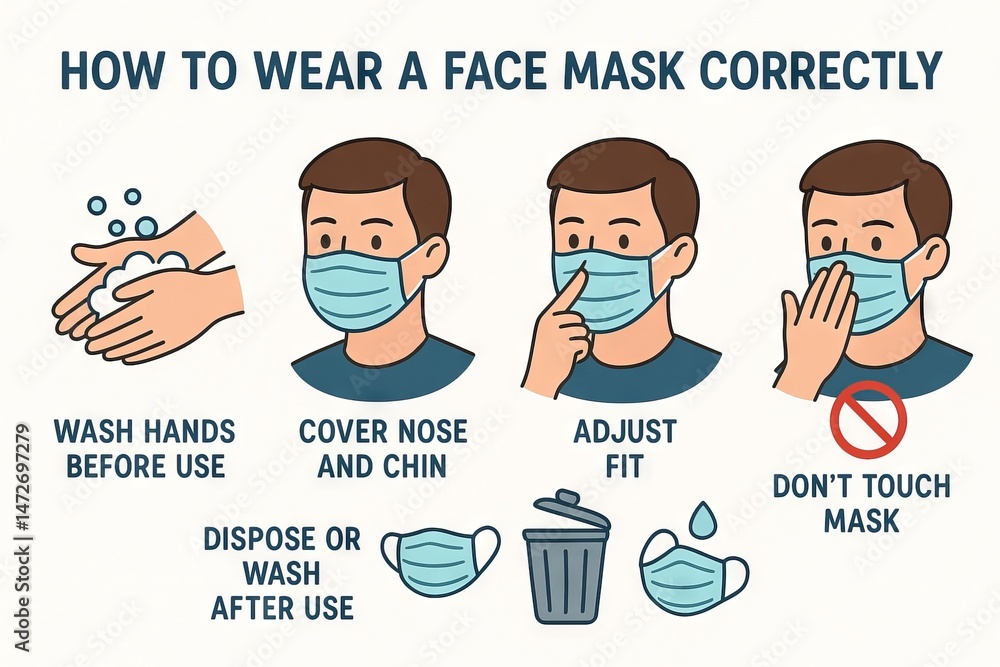 Educational infographic showing how to wear a face mask correctly with illustrated steps. Concept of health protection, hygiene, pandemic safety, virus prevention instructions. White background