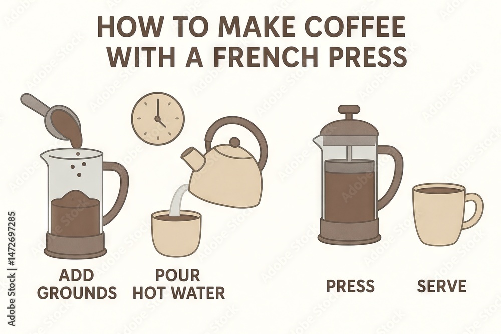 Instructions for brewing coffee with a french press from adding grounds to serving. concept of home brewing, coffee preparation, simple guide, kitchen routine. White background