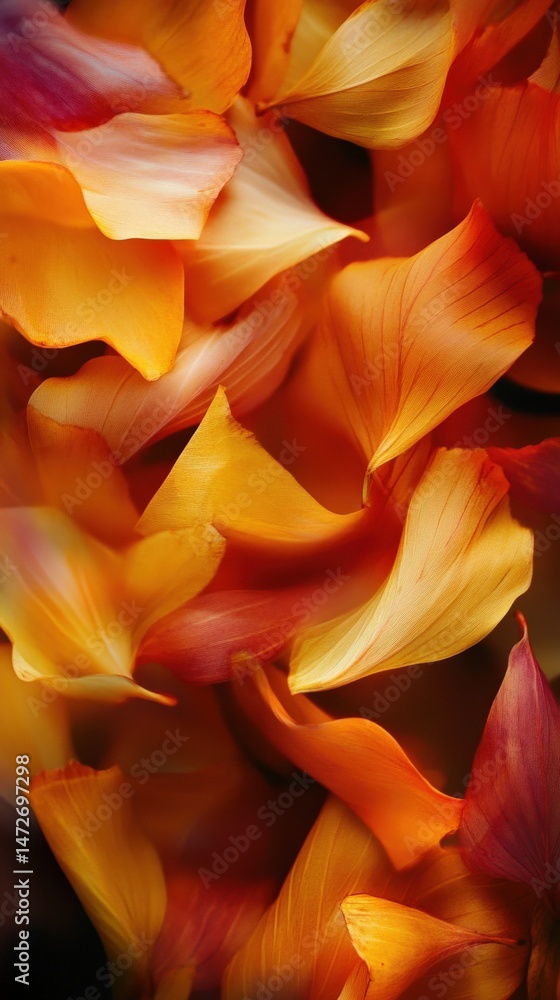 Obraz premium Soft-focus shot of curled autumn leaves, vibrant orange and yellow tones, moody background