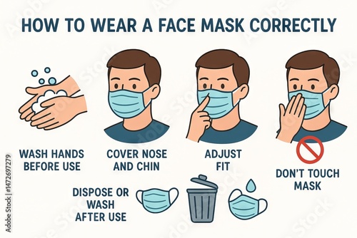 Obraz na płótnie Educational infographic showing how to wear a face mask correctly with illustrated steps. Concept of health protection, hygiene, pandemic safety, virus prevention instructions. White background w salonie