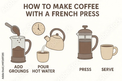 Obraz na płótnie Instructions for brewing coffee with a french press from adding grounds to serving. concept of home brewing, coffee preparation, simple guide, kitchen routine. White background w salonie