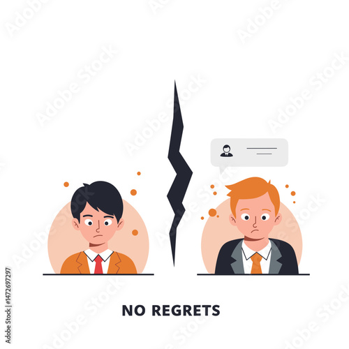 Two men expressing emotions of regret and determination against a split background  