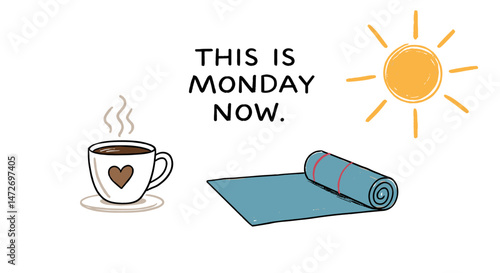Morning coffee and yoga mat on a bright Monday  