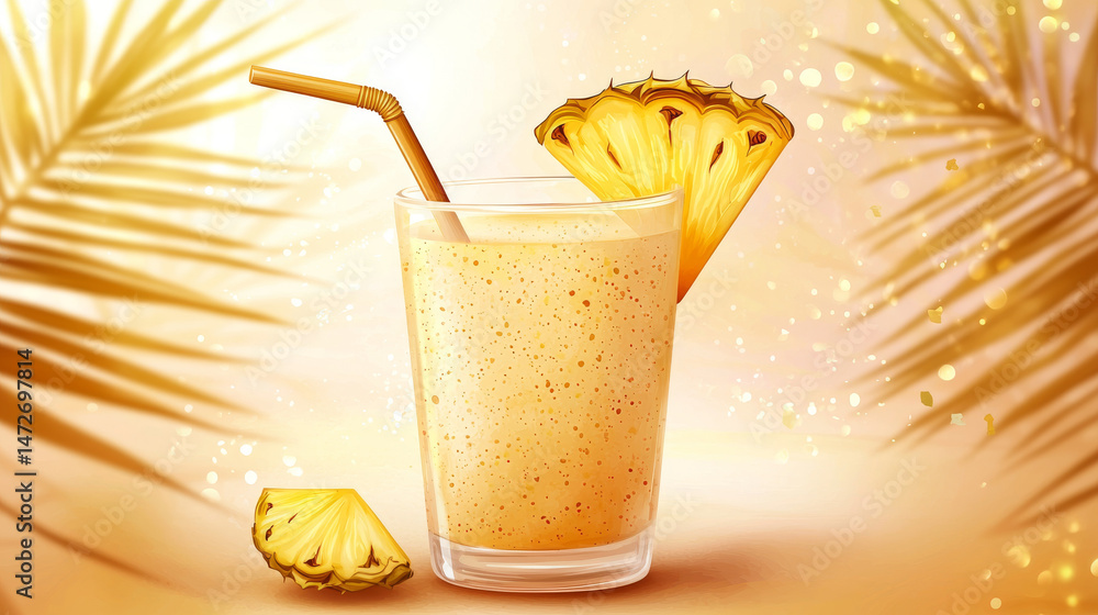 Tropical pineapple smoothie in artful watercolor illustration. concept of healthy refreshment, exotic fruit drink, creative beverage art, vibrant summer flavors