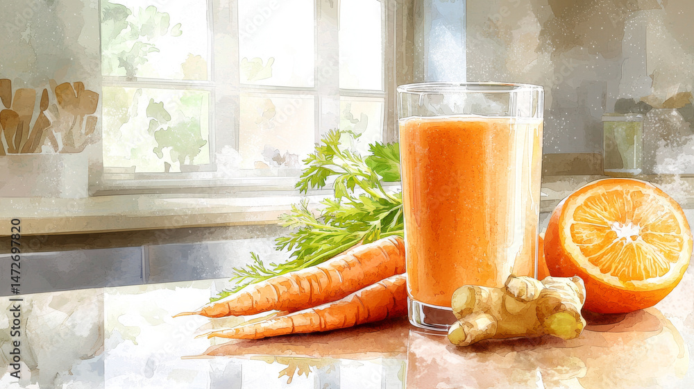 watercolor scene of healthy smoothie with fresh carrots, ginger, and orange in sunlit kitchen. concept of natural wellness, refreshing nutrition, healthy living, vibrant ingredients, Copy space